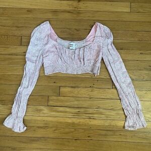 Princess Polly 6 Floral Long Balloon Sleeve Crop Top Blush Pink Zip Festival EUC